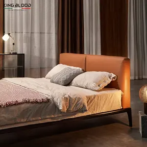 意大利最新简约实木灰木框床进口面料真皮软垫豪华床