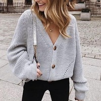 Pull cardigan automne 2026 pour femme, style européen et américain, couleur unie, tricoté, boutonné, avec manches bouffantes