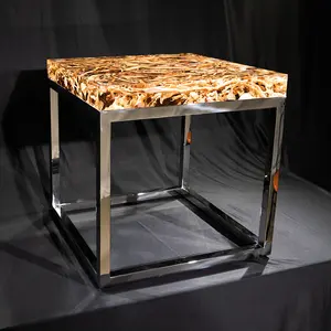 Mesa de café de madeira sólida, mesa de design de madeira moderna quadrada de resina acrílica de café para sala de estar