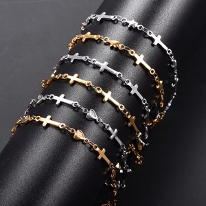 Bracelet en acier inoxydable fait main avec croix chrétienne, chaîne à maillons cœur et étoile pour femme, accessoires de fabrication de bijoux en métal, bracelet de cheville - Product Image 1