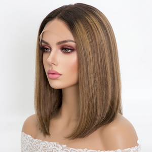 วิกผมแท้ 100% ถักด้วยมือทั้งหัว สีน้ำตาลกลางไล่ระดับสีบลอนด์อ่อนแบบซันคิสท์ไฮไลท์  ไม่ต้องใช้กาว  แบบเกรดทางการแพทย์ <span class=keywords><strong>ทรง</strong></span>บ็อบ 12 นิ้ว - Product Image 1