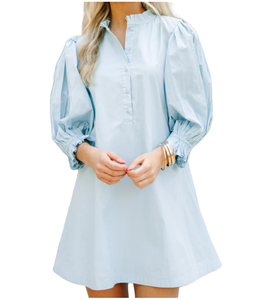 2024 <span class=keywords><strong>vestiti</strong></span> di moda di nuovo arrivo in cotone <span class=keywords><strong>blu</strong></span> Casual a maniche lunghe a sbuffo in vita a pieghe abito al ginocchio per la vocazione alla spiaggia - Product Image 5