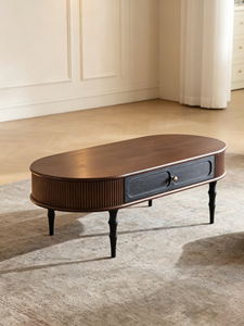 <b>Retro</b> Oval Wooden Coffee <b>Table</b> with Drawer, Fluted Design & Turned Legs for Living Room - Product Image 4