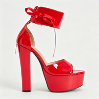 Sandales à plateforme rouges vernies pour femmes, bout ouvert, avec nœud en ruban de satin et bride cheville, talon bloc épais, style D'Orsay, chaussures de soirée