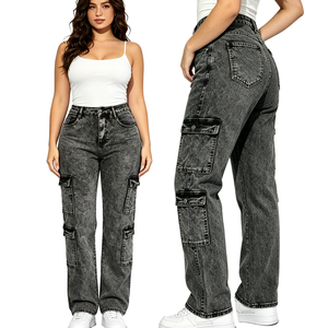Pantalon cargo pour <span class=keywords><strong>femme</strong></span>, coupe ample, très extensible, respirant, style Y2K, multi-poches, techwear, denim délavé, streetwear vintage, décontracté - Product Image 1