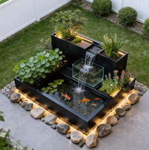 Fontaine d'eau moderne en acier inoxydable RGB avec cascade en verre, bac à fleurs personnalisable pour terrasse extérieure, cour et aménagement paysager - Product Image 1