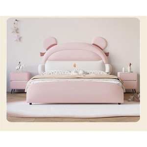 Lit enfant en bois massif style grandes oreilles JS, avec <span class=keywords><strong>sommier</strong></span> à <span class=keywords><strong>lattes</strong></span> en bois, ensemble de meubles de chambre en cuir souple - Product Image 6