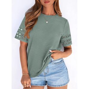 Camiseta de encaje de manga corta para mujer, transpirable, informal, top de verano, blusa de moda, atuendo de vacaciones, verde claro - Product Image 4