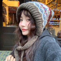 Chapeau balaclava rayé en tricot pour femme, double usage comme bonnet ou cache-oreilles, chaud et résistant au froid, en spandex/polyester