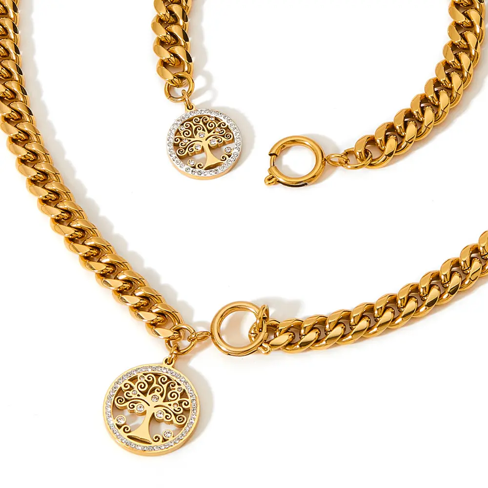 Waterproof 18K Gold-plated Stainless Steel Cuban Chain Zircon Hollow Tree Of Life Necklace Bracelet Set