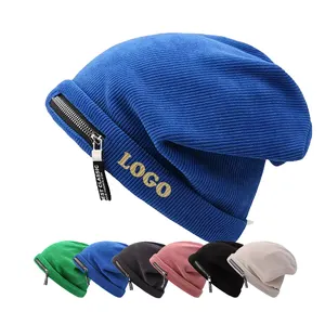 Logo personnalisé brodé chapeau plaine fermeture éclair cache-oreilles hommes concepteur velours côtelé Slouchy Beanie chapeaux d'hiver casquette