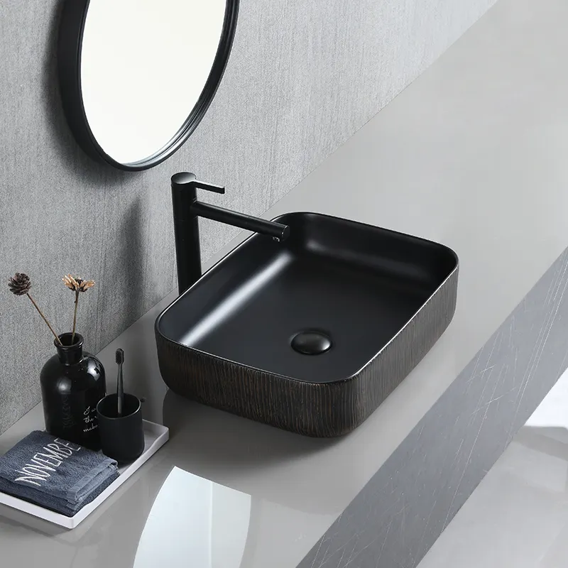 Decoração Cerâmica Matte Black Color Counter Top Sink Arte Banheiro Bacia retangular do armário