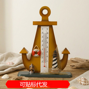 Termómetro náutico retro con ancla, escala decorativa de madera para interiores con diseño de conchas marinas y pájaros para uso doméstico. - Product Image 5