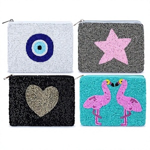 Wholesale Beaded Pouch Eye Heart Star Flamingo Coin Purse Novelty Motif Mini <b>Zip</b> Wallet Boutique Accessories - Product Image 1