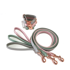 High Quality Luxury Leather and Nylon Webbing Padded <strong>Custom</strong> Color <strong>Dog</strong> <strong>Collar</strong> and Leash Set With Rose Gold Buckle - Product Image 1
