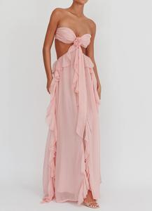 فستان ماكسي أنيق بوهيمي بدون ظهر بحمالات رفيعة من الشيفون مع كشكشة للنساء لحفلات الشاطئ الصيفية والمناسبات المسائية - Product Image 2