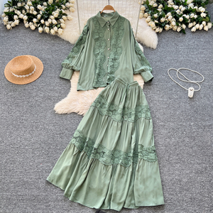 Conjunto Vintage de 2 piezas para mujer, <span class=keywords><strong>Blusa</strong></span> <span class=keywords><strong>con</strong></span> ribete de encaje de manga larga y <span class=keywords><strong>falda</strong></span> acampanada de cintura alta, chándal de dos piezas - Product Image 5