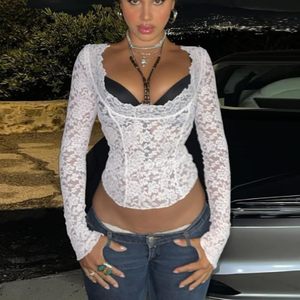 Haut court en dentelle pour femmes, col carré, manches longues, maille respirante, longueur courte, blanc - Product Image 3