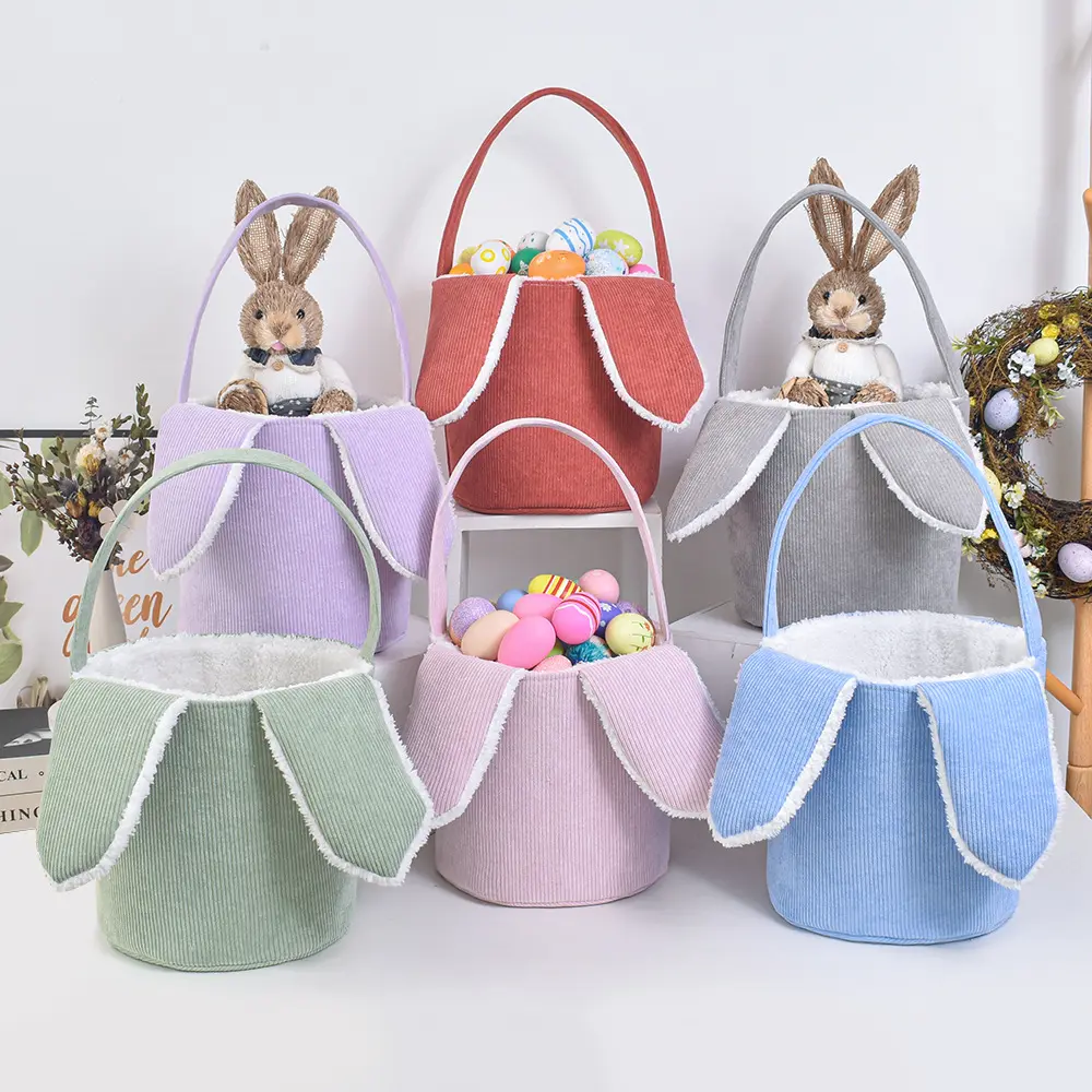 Corduroy Easter Mand Schattige Pluche Bunny Mand Easter Bag Bunny Orn Candy Giften Opslag Draagtassen