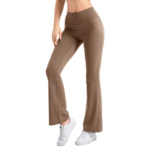 High Waisted Flared Yoga Pants Cocoa Solid Color Wide Leg Athletic Trousers For Fitness And Body Shaping - Product Image 1