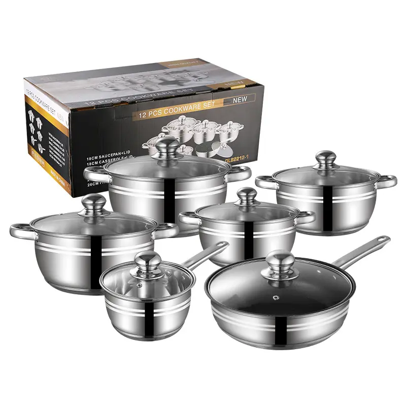 Conjunto de panelas de aço inoxidável para cozinha moderna, 12 peças, frigideira espessada, panela de sopa, conjunto de panelas de aço inoxidável