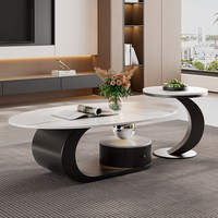 Ensemble de tables basses gigognes modernes en pierre, plateau en pierre frittée à grain minéral blanc-gris, table de rangement incurvée en métal noir pour appartement