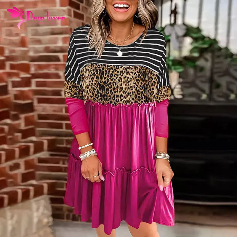 2023 Trending Casual Dress Leopard Striped Printed Ruffled Long Sleeve Dresses Women