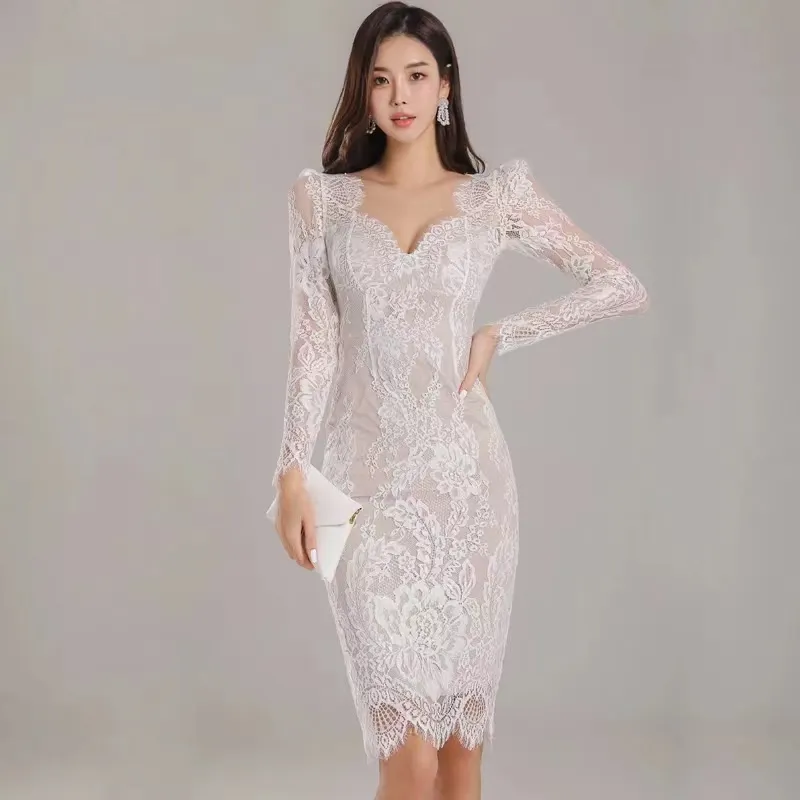 New Elegant Lace Dresses Women Slim Fashion White Lady Sexy Dress Sheath Package Hip Night-club Dress Spring Summer