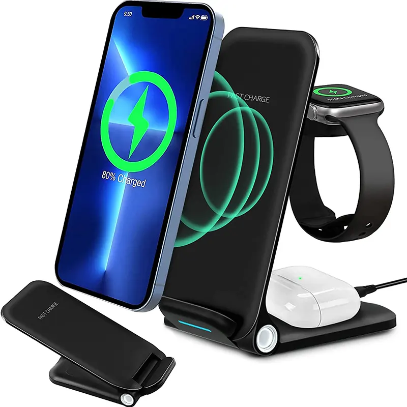 Portable Desktop Folding Wireless Phone Charging Stand QI Fast 15W Wireless Charger Foldable 3 in 1 Wireless Charger Station
