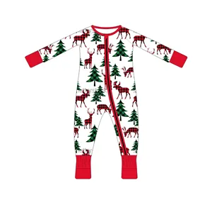 新款婴儿Romper竹圣诞鹿松印花连身衣长袖拉链新生儿登山睡衣婴儿服装