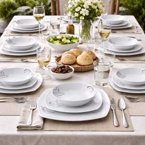 Service de vaisselle carré en porcelaine, 18 pièces, blanc avec motif tourbillon gris, pour 6 personnes - Product Image 5