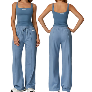 Women's Solid Blue Yoga Set Spaghetti Strap Tank Top High Waist <b>Wide</b> <b>Leg</b> Pants Breathable Two Piece Workout Outfit - Product Image 1