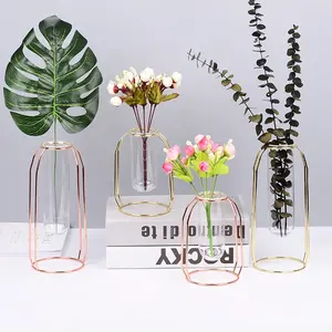 透明玻璃花瓶装饰北欧风格水晶花玻璃花瓶，带金属框架，用于家居装饰
