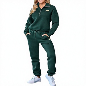 Ensemble de survêtement 2 pièces respirant 100 % coton pour femme avec pull demi-zip et pantalon de jogging pour l'automne - Product Image 3