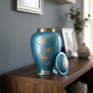 Blue Aluminum Cremation Urn <b>Keepsake</b> Memorial <b>Ashes</b> Vase Butterfly Decorative Tabletop Durable 200 Cubic Inch Funeral Decor - Product Image 1