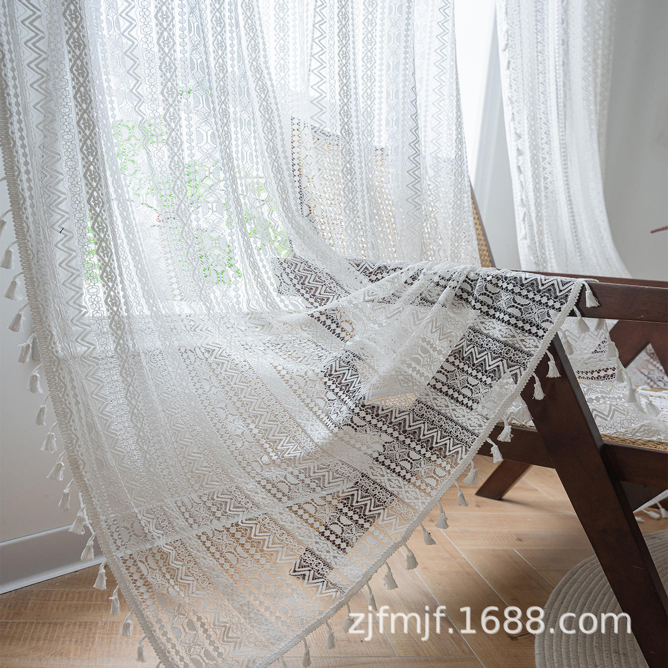 white geometric wave white tassel curtain