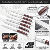 Ensemble de 6 couteaux à steak Laguiole, manche en bois Pakka, couteaux de table pour la cuisine, la restauration, la vaisselle, dans un coffret cadeau