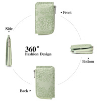Dompet Pendek Wanita Anti-RFID Bermotif Bunga Timbul, Bahan Kulit PU, Resleting, Tempat Koin, Dilengkapi Gantungan Kunci Lepas Pasang, dan Tempat Kartu
