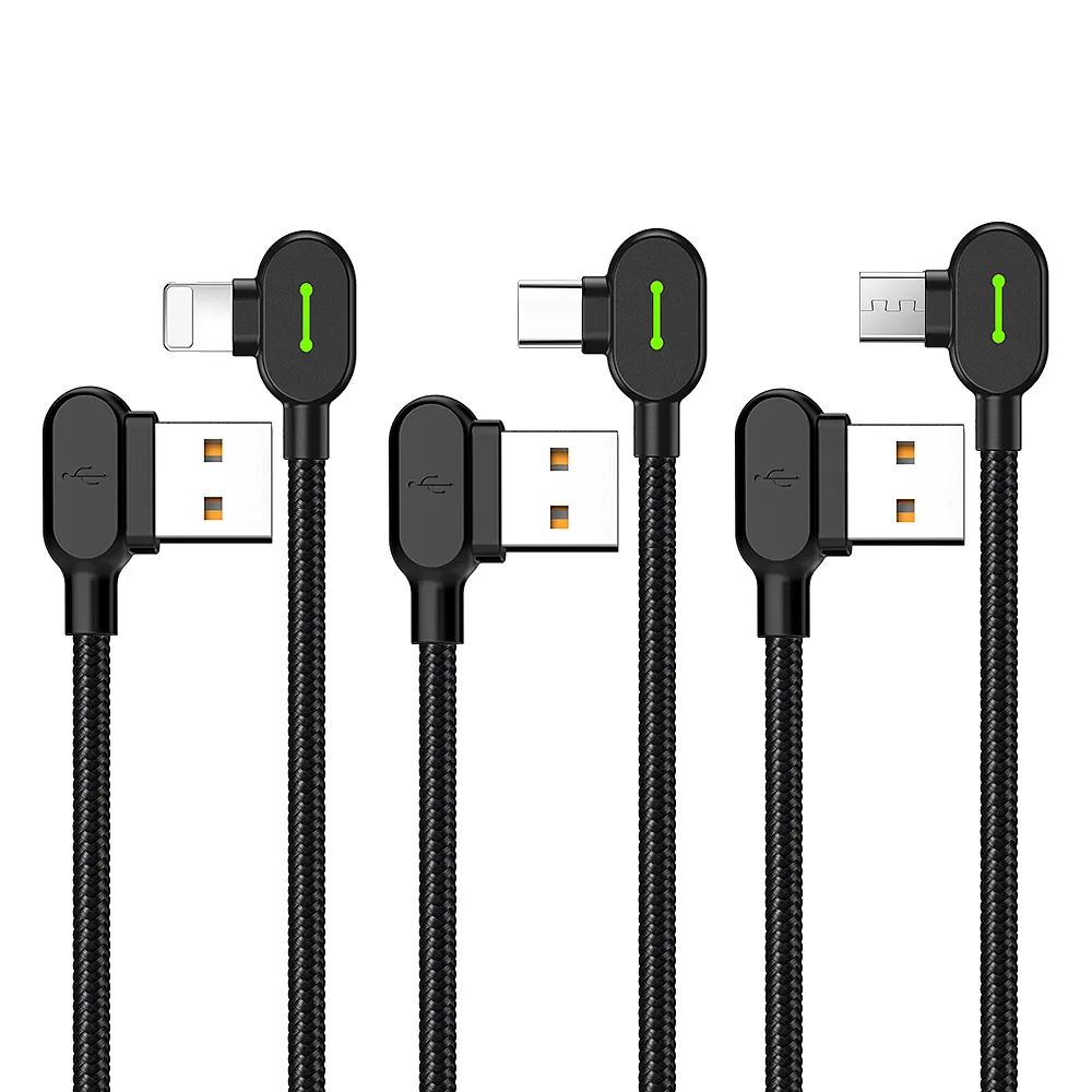 0.5M/1.2M/1.8M/3M Elbow Design With Led Nylon Gaming Data Cable Usb to iPhone Micro Type C 3Amp Fast Charge Data Cable