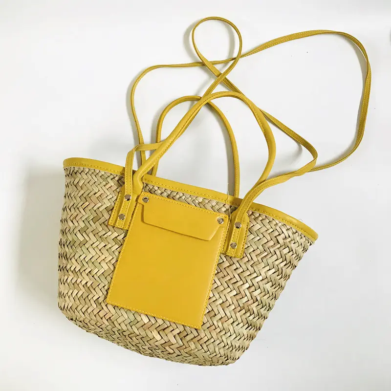 REWIN PU Leather Strap Hollow Woven Top Handle Straw Purses Handbags Women Straw Basket Tote Bag With Coin Key Bag
