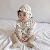 Ropa Infantil de Primavera y Otoño, Estilo Coreano, Mono de una Pieza para Bebés y Niñas, con Estampado Floral, Bolsa, Cuello de Muñeca de Encaje, Sombrero y Camisa de Algodón