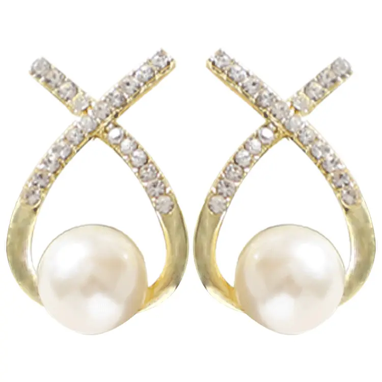 Temperament letter X diamond-encrusted cross pearl earrings advanced sense of simple earrings