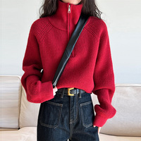 Pull à demi-fermeture éclair pour femme Style coréen Coupe ample et conception courte taille haute Automne et hiver Base tissée Haut tricoté