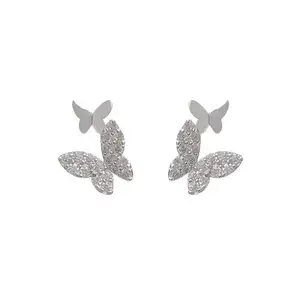 2024 NEW 925 Sterling Silver animal cute Double Butterfly Stud Earrings Crystal For Women
