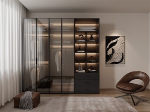 Armario con bisagras para puerta de vidrio y madera Armario de dormitorio contemporáneo con almacenamiento de espejo - Product Image 5