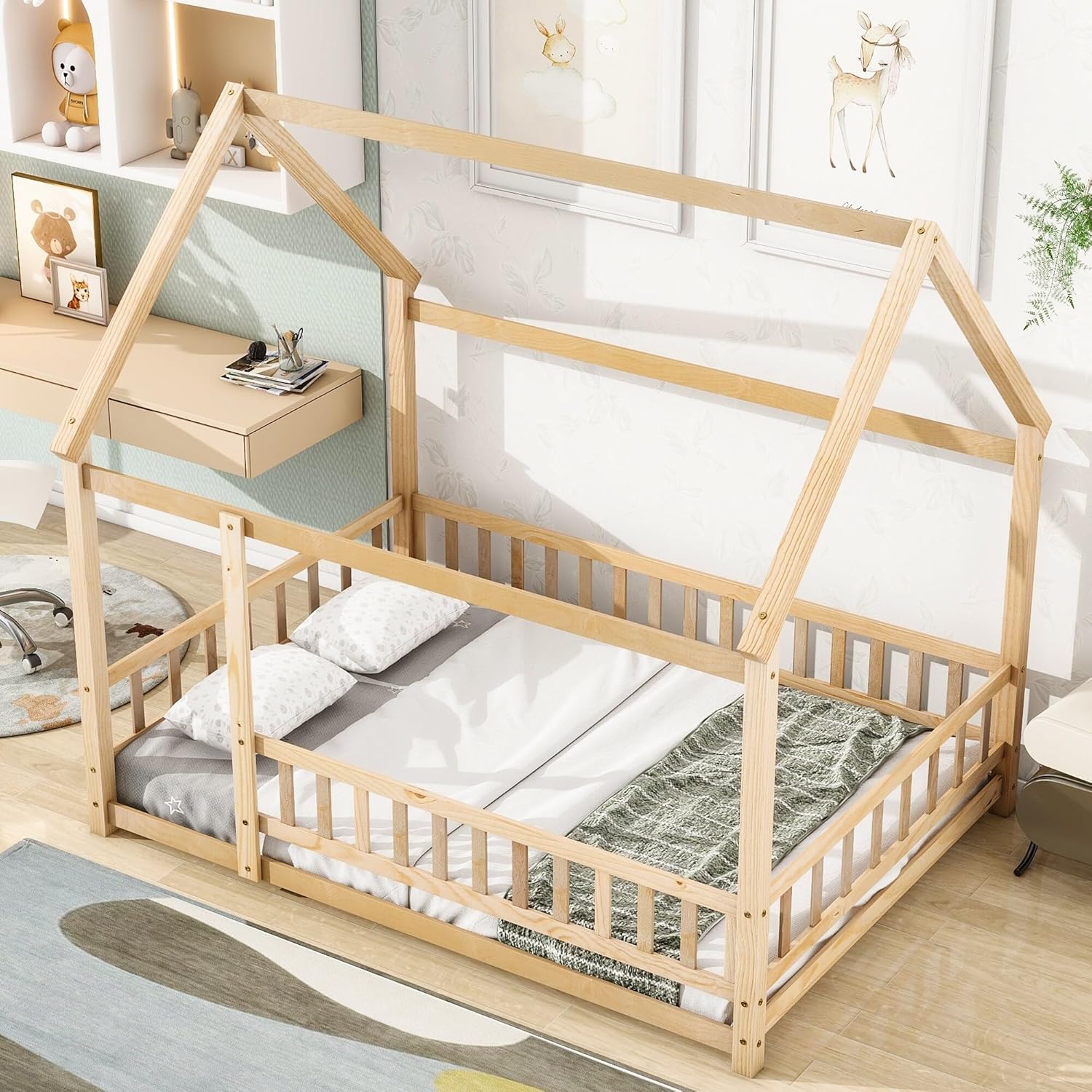 Letto A Pavimento Montessori In Legno Massello Con Porta E Recinzione – Dimensioni Standard, Doghe Incluse, Per Bambini E Bambine, Sicuro E Robusto