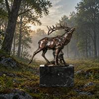 Statue de cerf en bronze antique, base en marbre, moulée à la main par procédé de cire perdue, avec larges bois de cerf, pour la décoration de parcs, jardins, hôtels, lodges, châteaux, villas et cours.