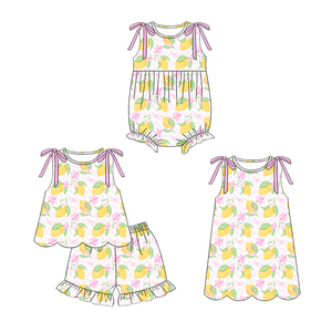 Trendyism Boutique Pre-orden MOQ 5 Lazos de sandía y limón para bebés, estampado festivo de verano, algodón orgánico, elastano, seda de leche suave - Product Image 1