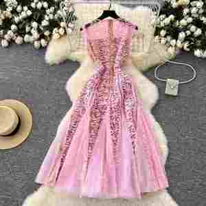 Vestido Midi Casual de Verano para Mujer, Cuello Redondo, Estilo Túnica, Sin Mangas, Corte Imperio, Bordado, Malla, Vestidos - Product Image 4