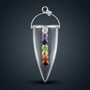 Teardrop-Shaped Carved Etched Crystal Pendulum with Inlaid Chakra Stones Reiki Theme <b>Silver</b> <b>Top</b> From Gujarat - Product Image 2